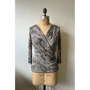 Max Mara Animal Print Wrap V-Neck Long Sleeve Top Beige Black Medium